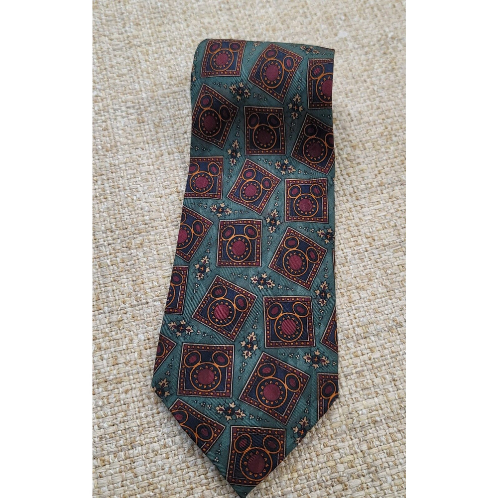 The Disney Store Mickey Mouse Tie 100%‎ Silk Dark Green Maroon Retro